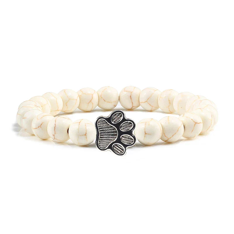 Pulseira de Pedra Natural com Pingente de Patinha – Pulseira de Miçangas Elástica para Homens e Mulheres
