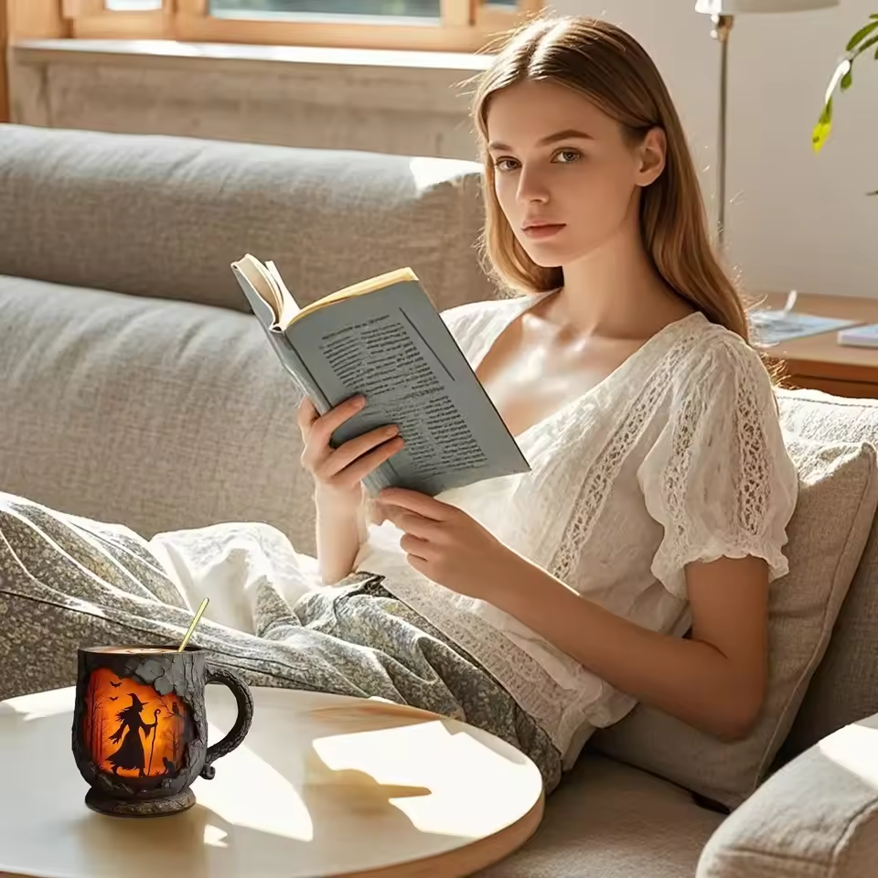 Caneca de Halloween 3D feita à mão – Design de Bruxa e Gato