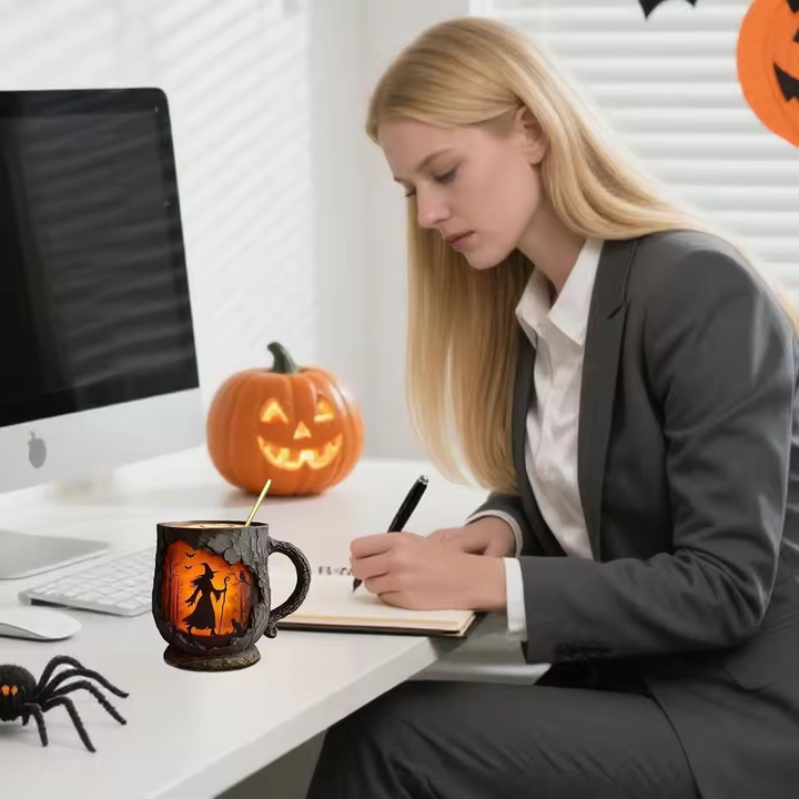 Caneca de Halloween 3D feita à mão – Design de Bruxa e Gato