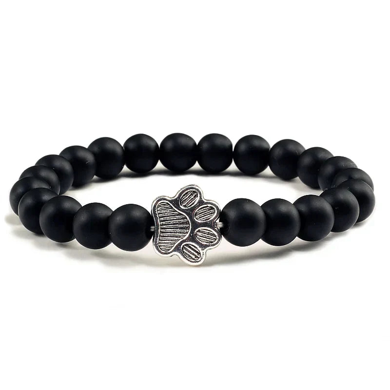 Pulseira de Pedra Natural com Pingente de Patinha – Pulseira de Miçangas Elástica para Homens e Mulheres