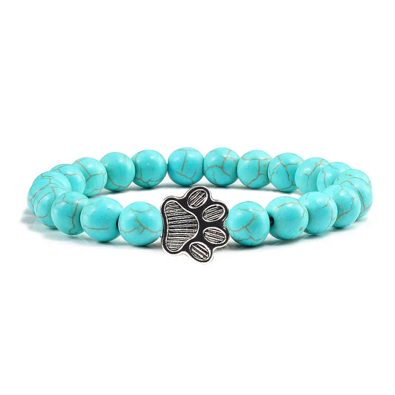Pulseira de Pedra Natural com Pingente de Patinha – Pulseira de Miçangas Elástica para Homens e Mulheres