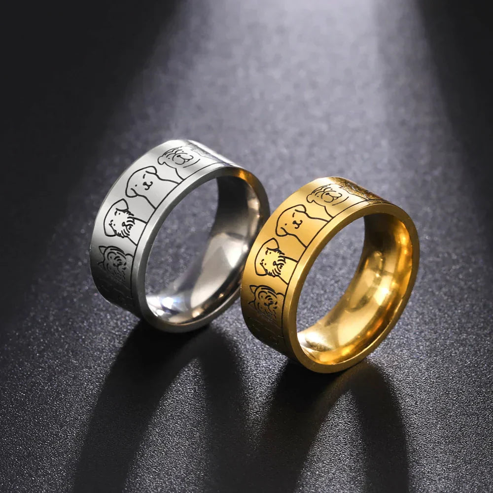 Anel Largo de Aço Inoxidável com Motivos de Cachorro – Design Gravado para Mulheres