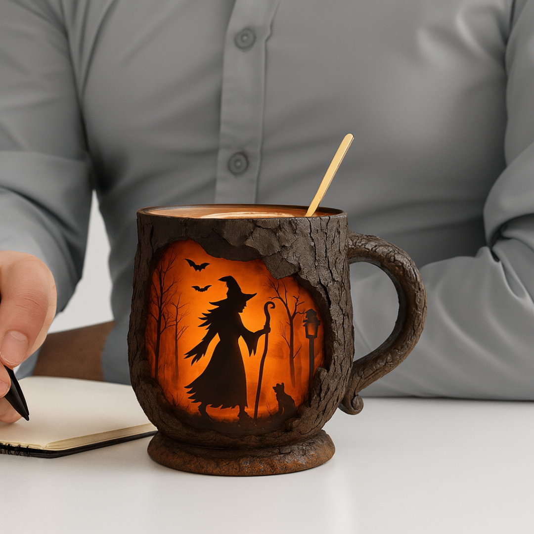 Caneca de Halloween 3D feita à mão – Design de Bruxa e Gato